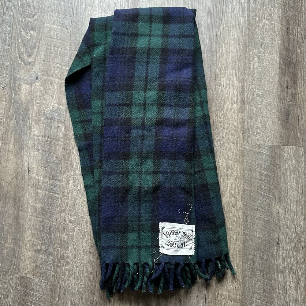 100% Virgin Wool Throw Blanket w/Fringe 52x72 Romania Green Blue  Plaid